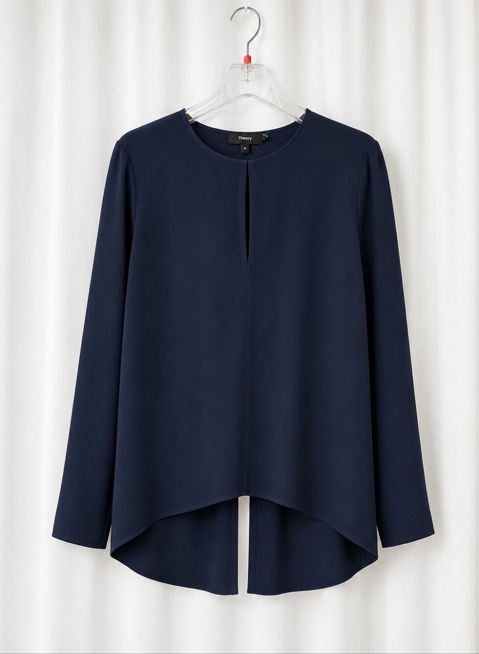 Theory Navy Blue Silk Split Neck High Low Tunic Minimalist Quiet Luxury Blouse